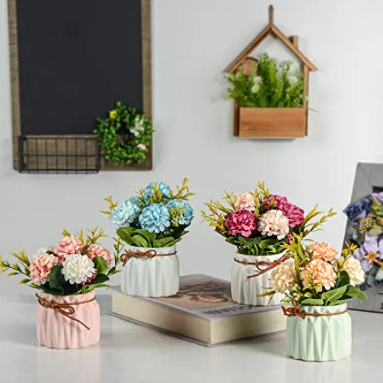 Artificial Flower Plants &ndash; Mini Fake Hydrangea Flowers in Pot for Home Decor Party Wedding Office Patio Table Desk Decoration, Set of 4, 3.3''(D) x 5.5''(H) {6}