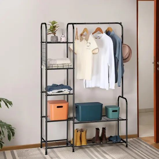 Coat Rack Freestanding Clothing Rack with Shelves Garment Racks for Hanging Clothes with Shoe Rack Black {1}