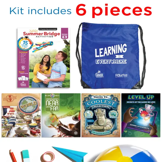 Summer Bridge Activities 8-9 Bundle, Ages 13-14, Math, Reading Comprehension, Writing, Science Summer Learning 9th Grade Workbooks All Subjects With Flash Cards, Children's Books, Drawstring Bag {2}