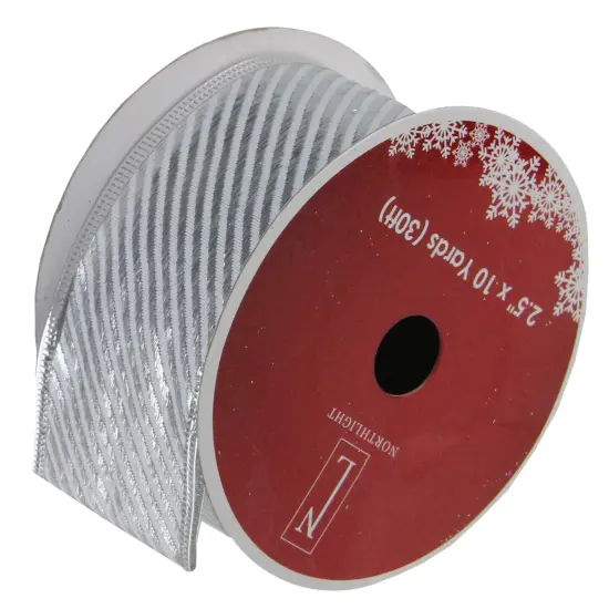 Northlight Shiny Silver Diagonal Striped Wired Christmas Craft Ribbon 2.5" x 10 Yards {1}