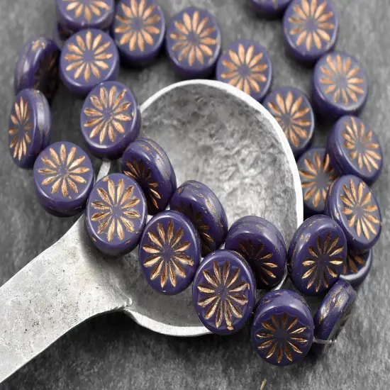 *15* 12mm Dark Bronze Washed Purple Opaline Aster Flower Coin Beads {3}