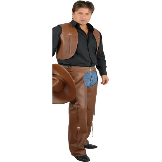 Men's Range Rider Cowboy Costume Brown Faux Leather Chaps and Vest {1}