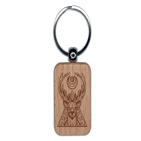Geometric Spiritual Deer Buck in Triangle with Antlers and Moon Engraved Wood Rectangle Keychain Tag Charm {1}