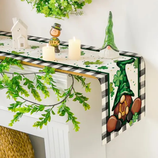 Buffalo Plaid Shamrock Gnome St. Patrick's Day Table Runner, Seasonal Spring Holiday Kitchen Dining Table Decoration for Indoor Outdoor Home Party Decor 13 x 72 Inch {4}