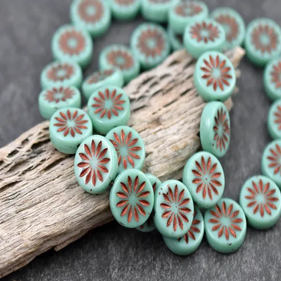 *15* 12mm Copper Washed Opaque Turquoise Aster Flower Coin Beads {4}