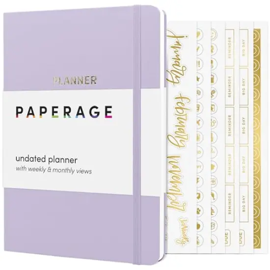 Undated Weekly & Monthly Hardcover Planner (Lavender), 5.7 in x 8 in, Includes Dotted Note Pages & 8 Sticker Sheets {2}