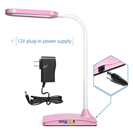 Pink Desk Lamps for Home Office - Super Bright Small Desk Lamp with USB Charging Port, a Perfect LED Desk Light as Study Lamp, Bedside Reading Lights {3}