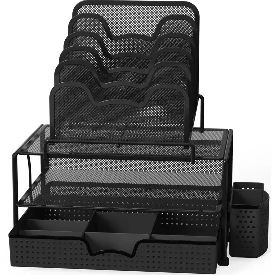 SimpleHouseware Mesh Desk Organizer with Sliding Drawer, Double Tray and 5 Stacking Sorter Sections, Black {5}
