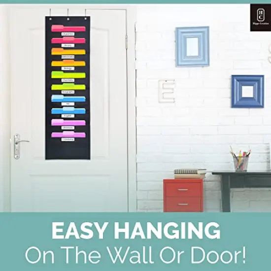 Black Pocket Chart for Classroom - 10 Pocket Storage Rainbow Pocket Charts , 3 Over Door Hangers Included, Hanging Wall File Organizer for File Folders, School Mailbox, Home/Office Papers {6}