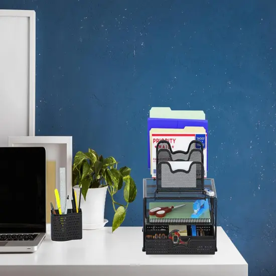 SimpleHouseware Mesh Desk Organizer with Sliding Drawer, Double Tray and 5 Stacking Sorter Sections, Black {2}