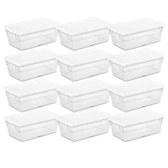 Sterilite 6 Qt Storage Box, Stackable Bin with Lid, Plastic Container to Organize Shoes and Crafts on Closet Shelves, Clear with White Lid, 12-pack {1}