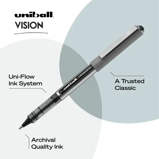 Uniball Vision Rollerball Black Pens Pack of 4, Fine Point Pens with 0.7mm Medium Black Ink, Ink Black Pen, Smooth Writing Bulk Pens, and Office Supplies {4}