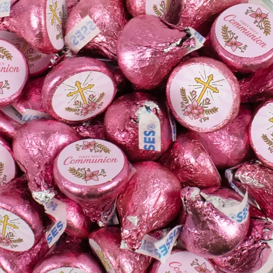 Girl 1st Holy Communion Candy Party Favors (Choose 100 Pcs Milk Chocolate Hershey's Kisses, 40 Pcs Wrapped Miniatures or Both) - Pink {1}