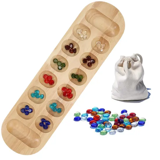 WE Games Mancala Board Game - 22 in., Solid Natural Wood Board and Glass Stones {1}