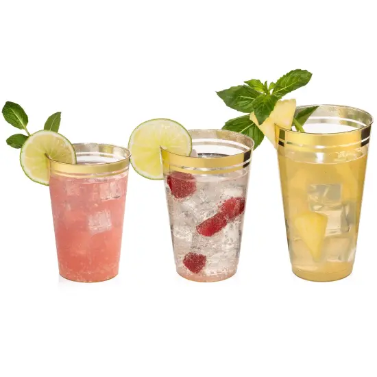 100ct. Cups Glitter-Gold Rim Plastic Disposable Glasses, Elegant Parties, Special Events, Weddings 12, 14, or 16 oz. {12}