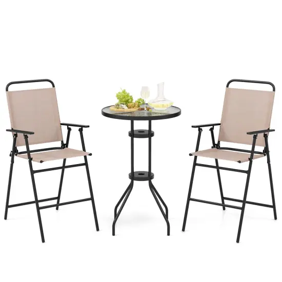 Costway 3PCS Patio Bistro Set Folding Chairs Round Bar Table with 1.6'' Umbrella Hole Yard {1}