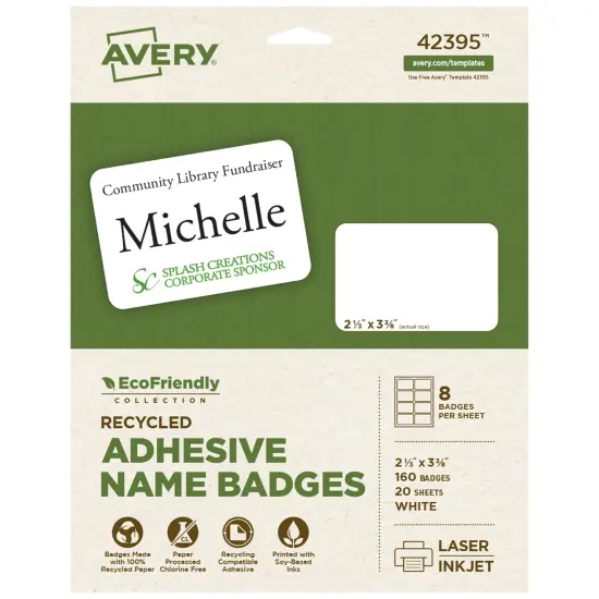Avery EcoFriendly Recycled Name Tags, 2-1/3" x 3-3/8", White, Removable Adhesive, 160 Printable Name Badges (42395) {1}