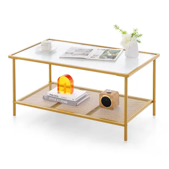 Costway 2-Tier Coffee Table with Shelf with Tempered Glass Top & Metal Frame Living Room {1}
