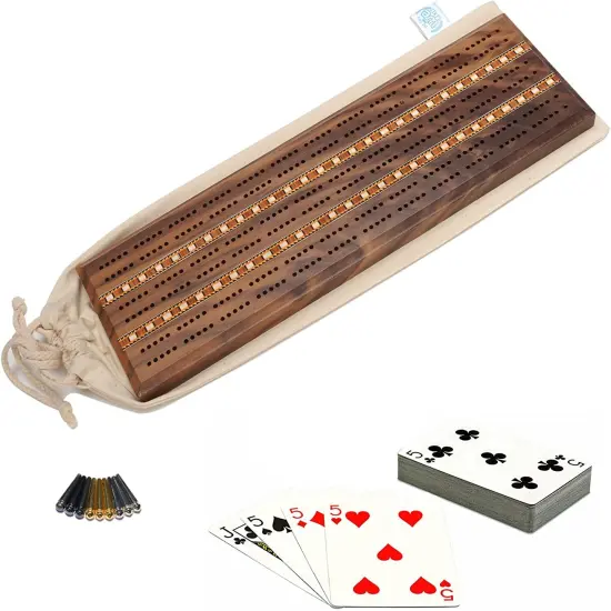 WE Games Deluxe Cribbage Set - Solid Wood with Inlay Sprint 3 Track Board with Easy Grip Pegs, Deck of Cards & Canvas Storage Bag {7}