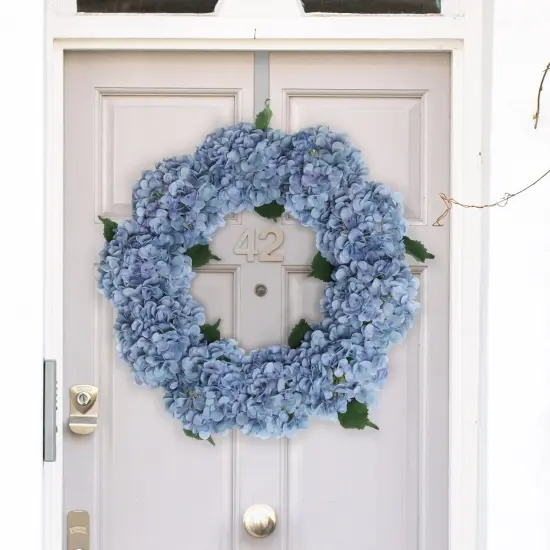 24" Azure Blue Hydrangea Wreath with Grapevine Ring by Floral Home&reg; {6}