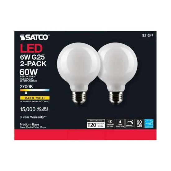 6Pk - Satco 6w G25 Globe Filament LED 2700K Medium Base Dimmable - 60w equiv Warm White {5}