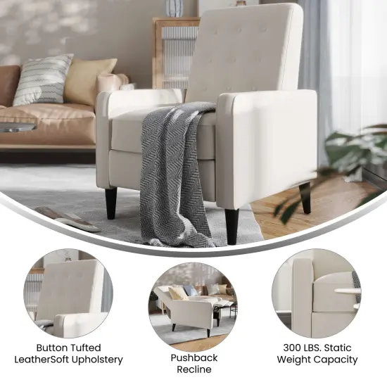 Merrick Lane Darcy Recliner Chair Mid-Century Modern Faux Leather Tufted Upholstery Ergonomic Push Back Living Room Recliner Cream {4}