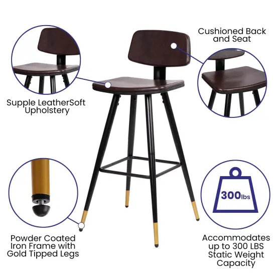 Merrick Lane Aragon Faux Leather Barstools Contemporary Upholstered Stools with Metal Frame and Integrated Footrest - Set of 2 Brown {2}