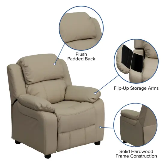 Emma and Oliver Deluxe Padded Contemporary Kids Recliner with Storage Arms Beige Vinyl {2}
