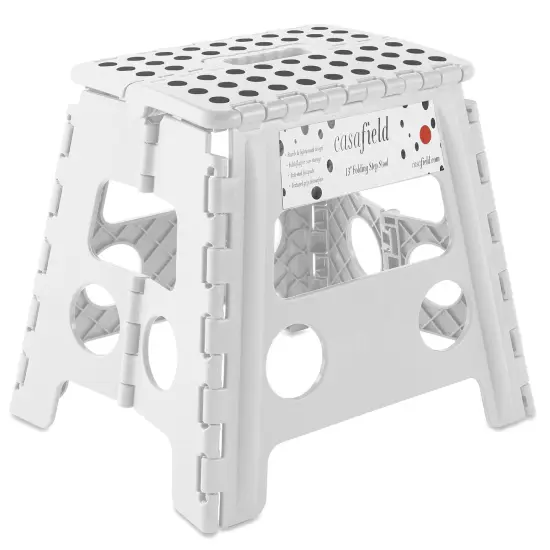 Casafield 13" Folding Step Stool with Handle, White - Portable Collapsible Small Plastic Foot Stool for Adults - Use in the Kitchen, Bathroom and Bedroom {1}
