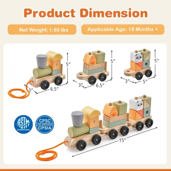 Costway Kids Wooden Train Set Toddler 3-Section Toy Train with Stackable Building Blocks {3}