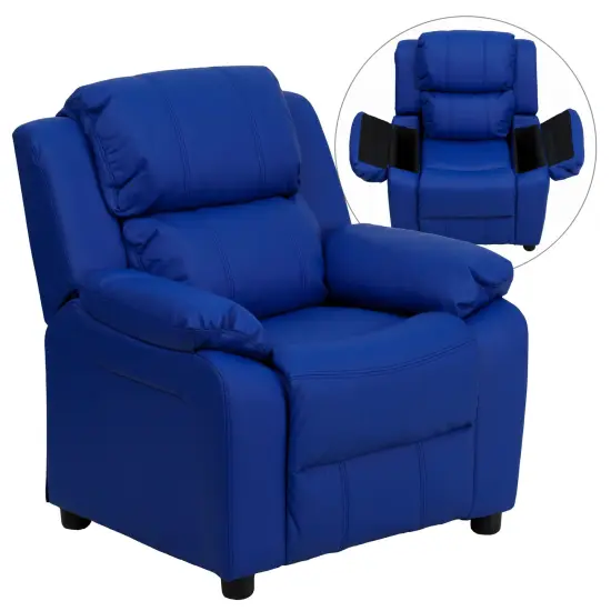Emma and Oliver Deluxe Padded Contemporary Kids Recliner with Storage Arms Blue Vinyl {1}