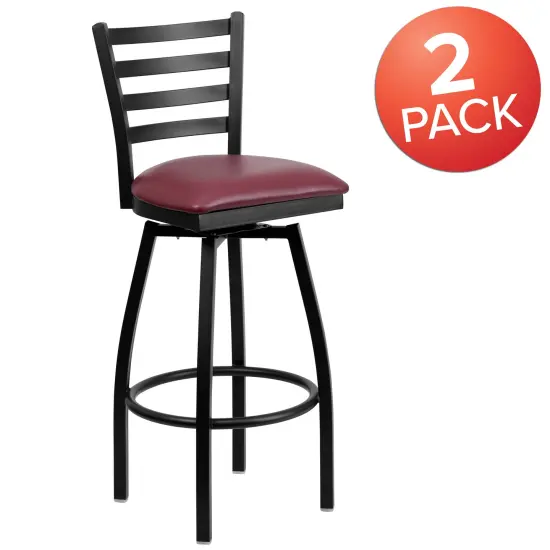 Emma and Oliver 2 Pack Ladder Back Swivel Metal Barstool BurgVYL/BlackMetal {5}