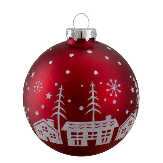 Northlight Snowy City Christmas Glass Ball Ornaments - 3.25" (80mm) - Red - 4ct {3}