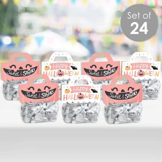 Big Dot of Happiness Pastel Halloween - DIY Pink Pumpkin Party Clear Goodie Favor Bag Labels - Candy Bags with Toppers - Set of 24 {3}