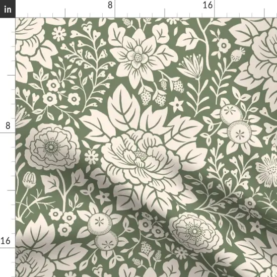 Various Fabrics by the Yard or Fat Quarter Sage Green Floral Hand Drawn Traditional Classic Serene And Cream Block Print Custom Printed Fabric by Spoonflower {2}