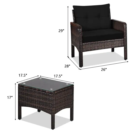 3 Pieces Outdoor Patio Rattan Conversation Set with Seat Cushions Black {4}