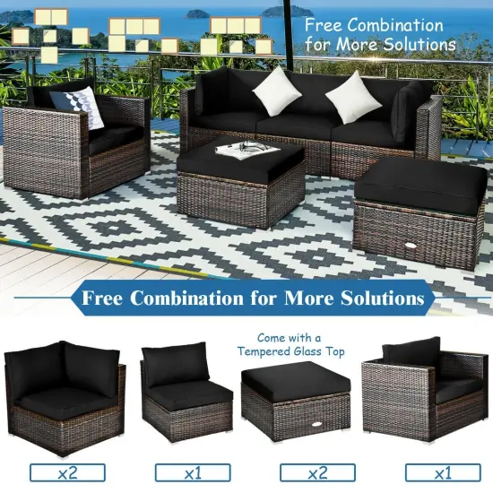 6 Pcs Patio Rattan Furniture Set with Sectional Cushion Black {2}