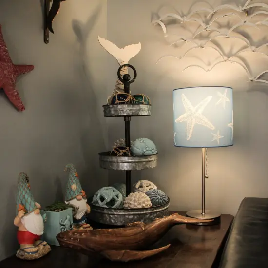 Brushed Nickel Finish Table Lamp With Coastal Blue Starfish Shade {7}