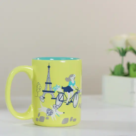 Wild Eye 5&rdquo; Decorative Yellow with Green, Blue and White Parisian Experience Drink Mug {3}