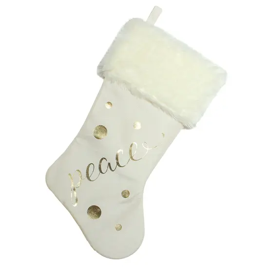 Northlight 19" Ivory White Gold Foil "Peace" Christmas Stocking with White Faux Fur Cuff {1}