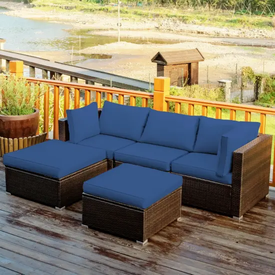 5 Pieces Patio Sectional Rattan Furniture Set with Ottoman Table Navy {6}