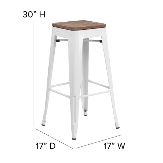 Merrick Lane Dalton Series Backless Metal Dining Stool with Wooden Seat for Indoor Use White {4}
