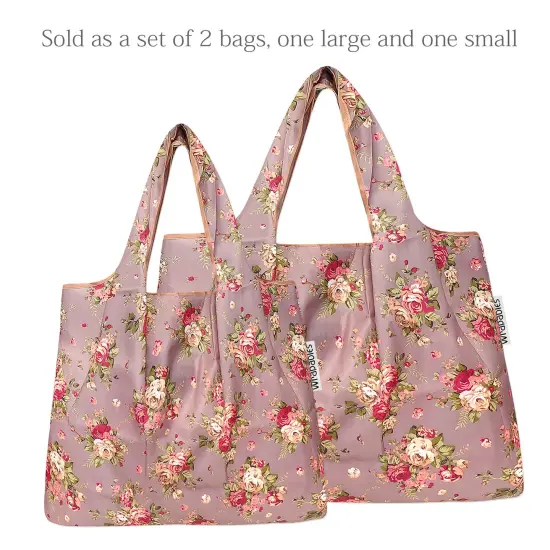 Wrapables Large & Small Foldable Tote Nylon Reusable Grocery Bags, Set of 2 Roses on Khaki {3}