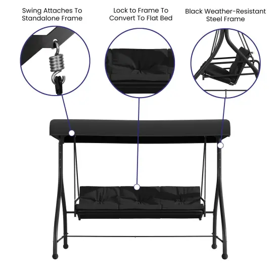 Emma and Oliver 3-Seat Outdoor Steel Converting Patio Swing and Bed Canopy Hammock Black {2}