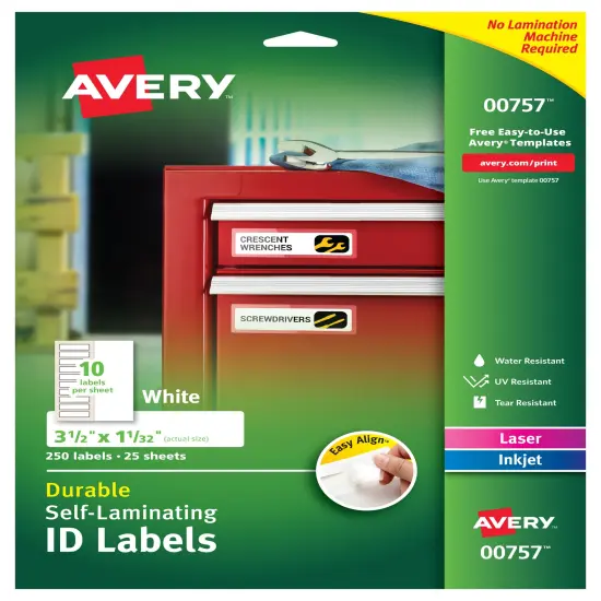 Avery Easy Align Self-Laminating ID Labels, Permanent Adhesive, 1-1/32" x 3-1/2", 250 Labels (00757) {1}