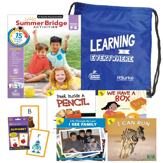 Summer Bridge Activities PreK-K Bundle, Ages 4-5, Math, Phonics, Handwriting, and Science Summer Learning Kindergarten Workbooks, Alphabet Flash Cards, Children's Books, and Drawstring Bag {1}