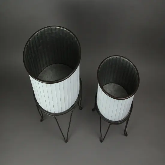 Set of 2 White / Charcoal Round Metal Tub Planters On Stands {4}