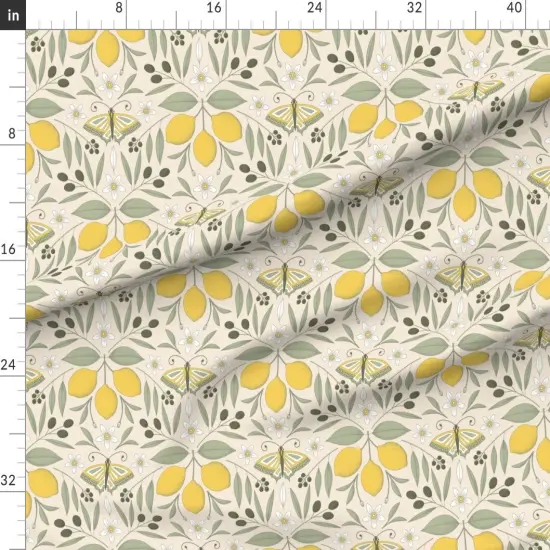 Various Fabrics by the Yard or Fat Quarter Yellow Butterfly Damask Olive Lemon Botanical Italy Pastel Colors Mediterranean Tree Large Scale Citrus Moth Insects Custom Printed Fabric by Spoonflower {1}