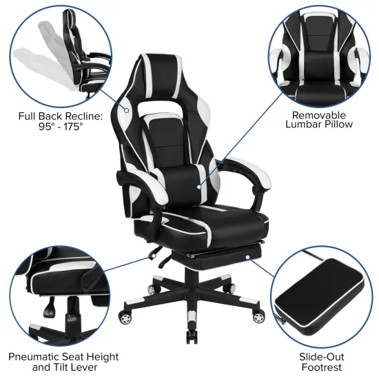 Emma and Oliver Gaming Bundle-Cup/Headphone Desk & Reclining Footrest Chair White {2}