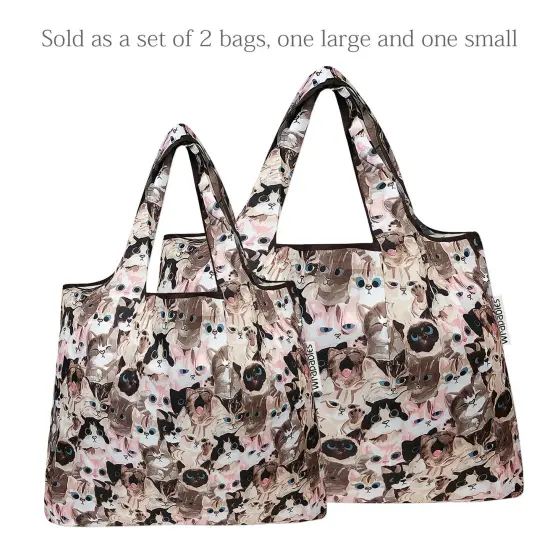 Wrapables Large & Small Foldable Tote Nylon Reusable Grocery Bags, Set of 2 Cuddly Kitties {3}